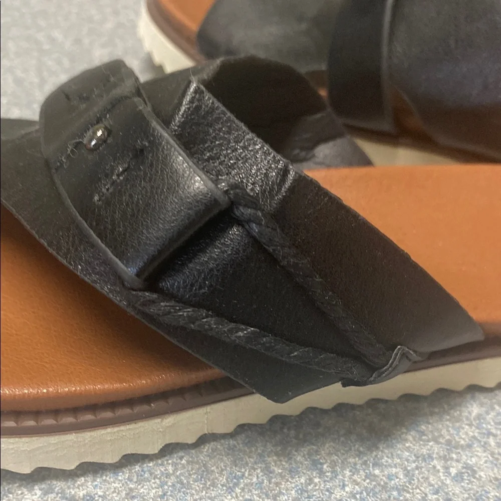 Black and Brown Slide Sandals with Buckle Details